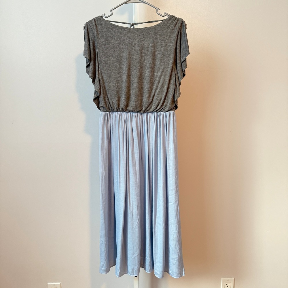 LOFT sz M Maxi Dress‎ Gray Jersey Blue Elastic Waist Fairy Casual